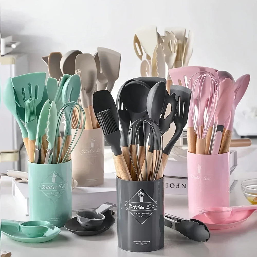 12 Pcs Silicone Cooking Utensil Set with Wooden Handles | Elvina Pakistan