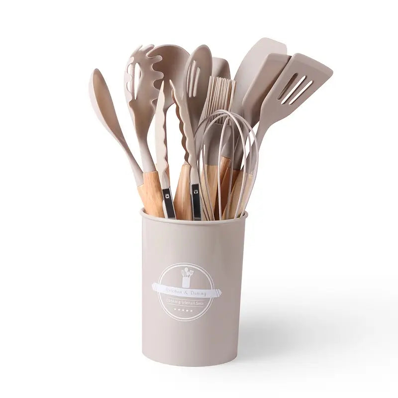 12 Pcs Silicone Cooking Utensil Set with Wooden Handles | Elvina Pakistan