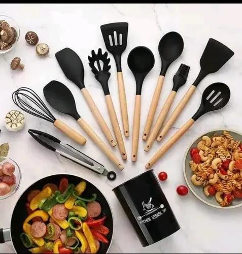 12 Pcs Silicone Cooking Utensil Set with Wooden Handles | Elvina Pakistan