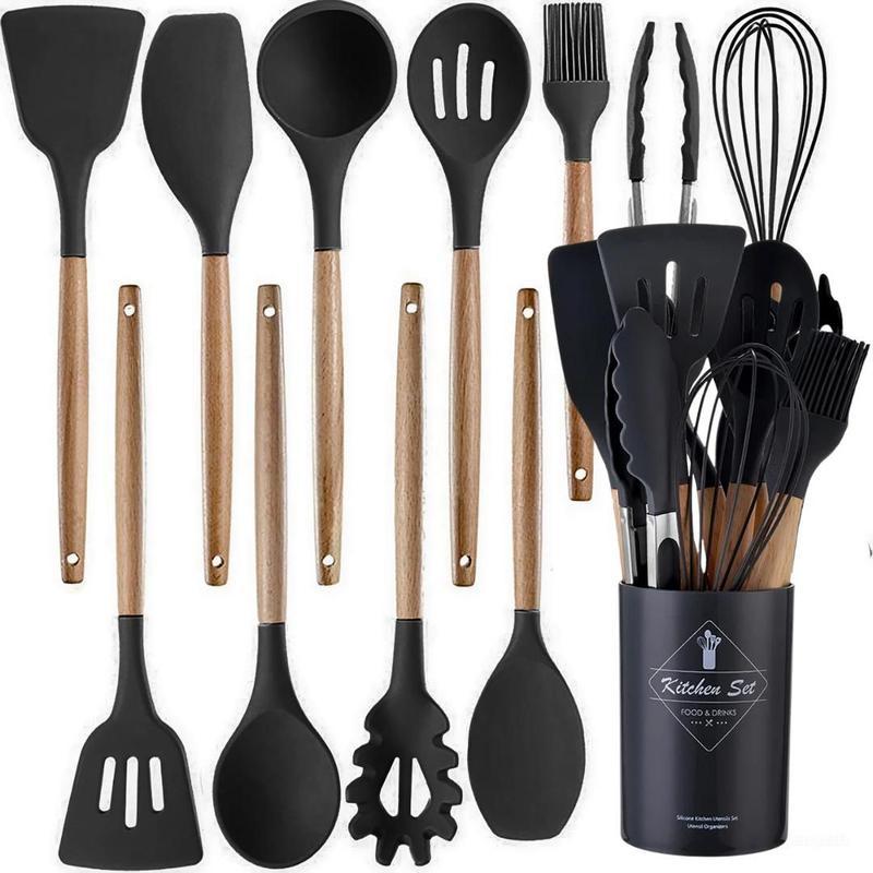 12 Pcs Silicone Cooking Utensil Set with Wooden Handles | Elvina Pakistan