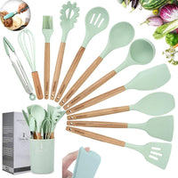 12 Pcs Silicone Cooking Utensil Set with Wooden Handles | Elvina Pakistan