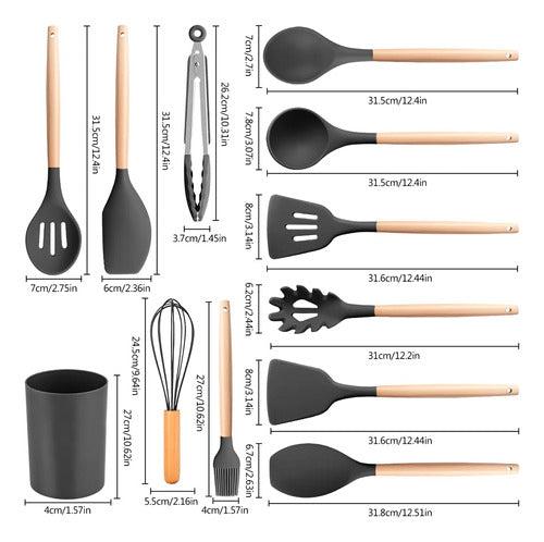 12 Pcs Silicone Cooking Utensil Set with Wooden Handles | Elvina Pakistan