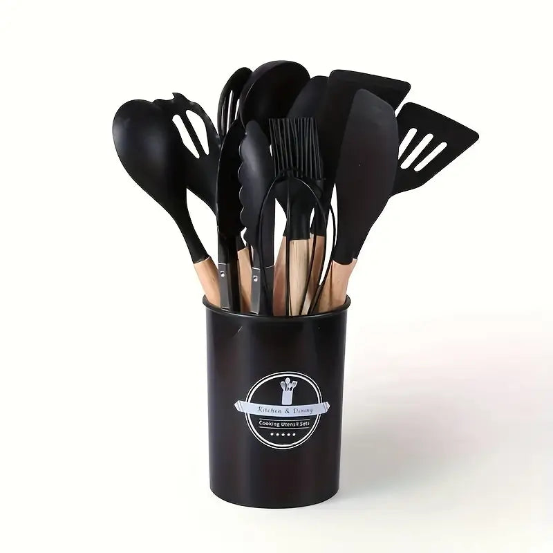 12 Pcs Silicone Cooking Utensil Set with Wooden Handles | Elvina Pakistan
