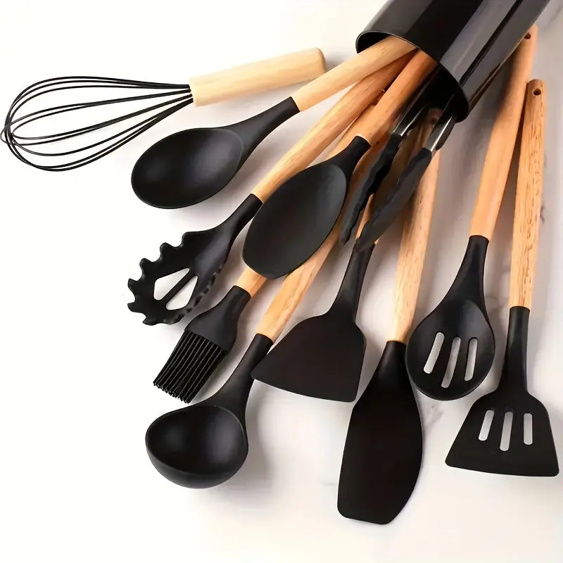 12 Pcs Silicone Cooking Utensil Set with Wooden Handles | Elvina Pakistan